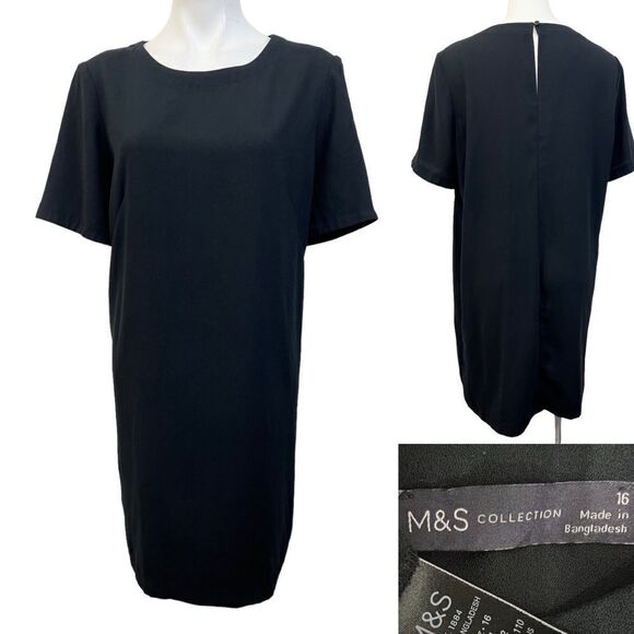 M&S‎ Collection dress sz 12 black short sleeve knee length shift US -8 - Picture 1 of 6